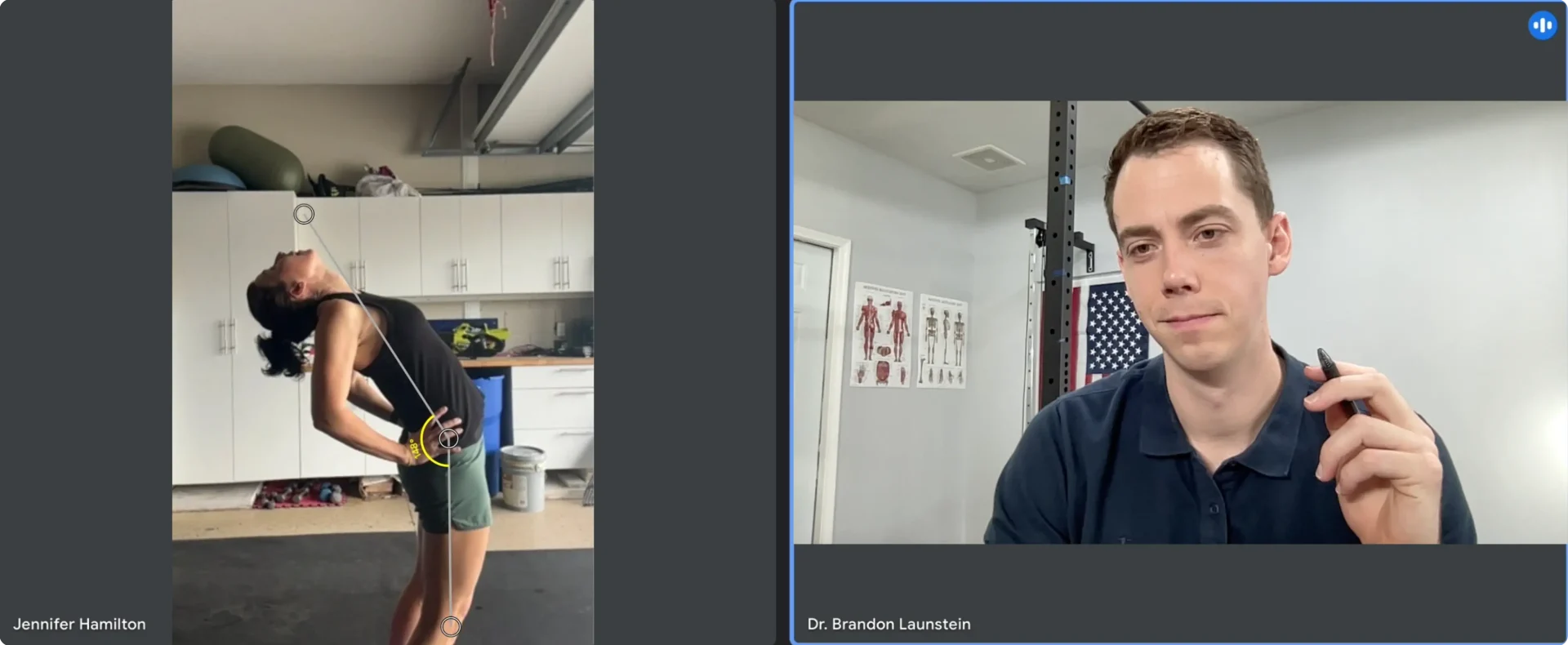 Screenshot of the physical therapist Dr. Brandon Launstein performing an online physical therapy exam with a patient with low back pain.