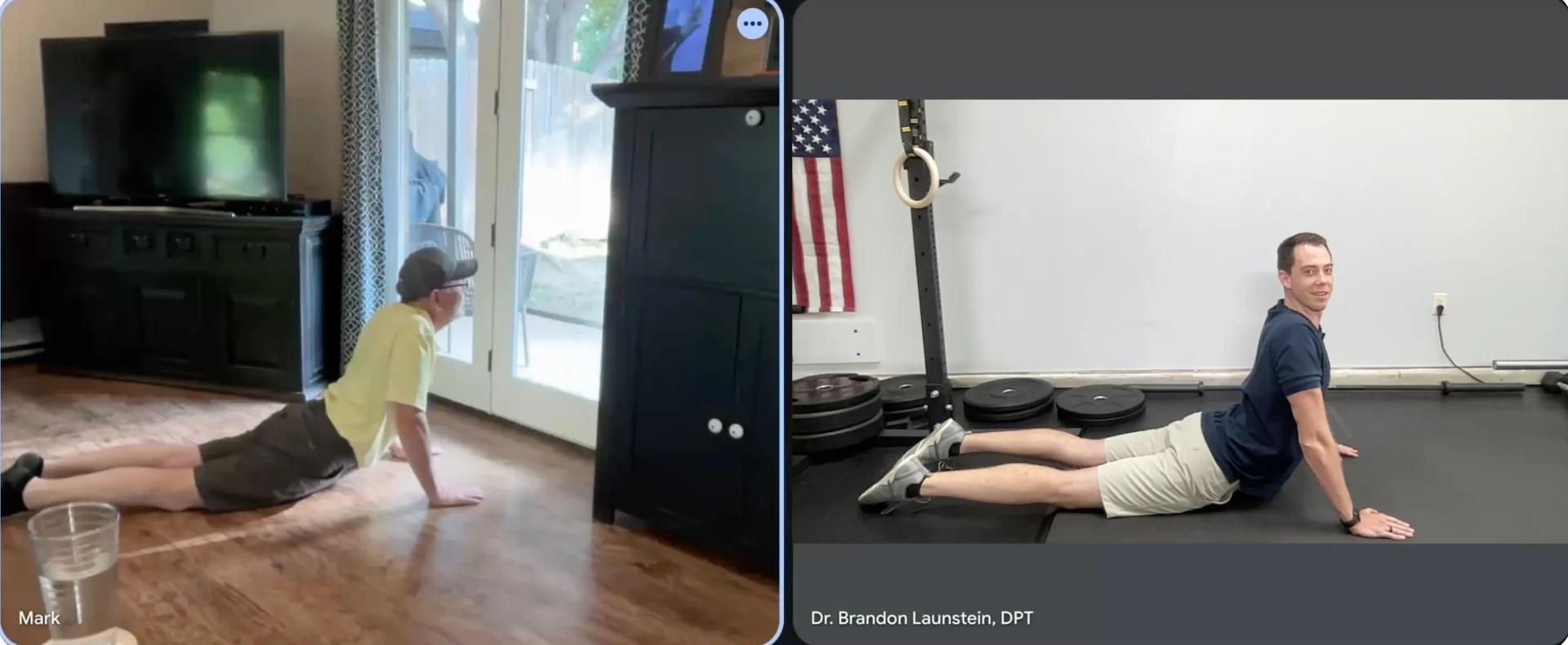 Screenshot of the physical therapist Dr. Brandon Launstein guiding a patient with low back pain through a physical therapy treatment.