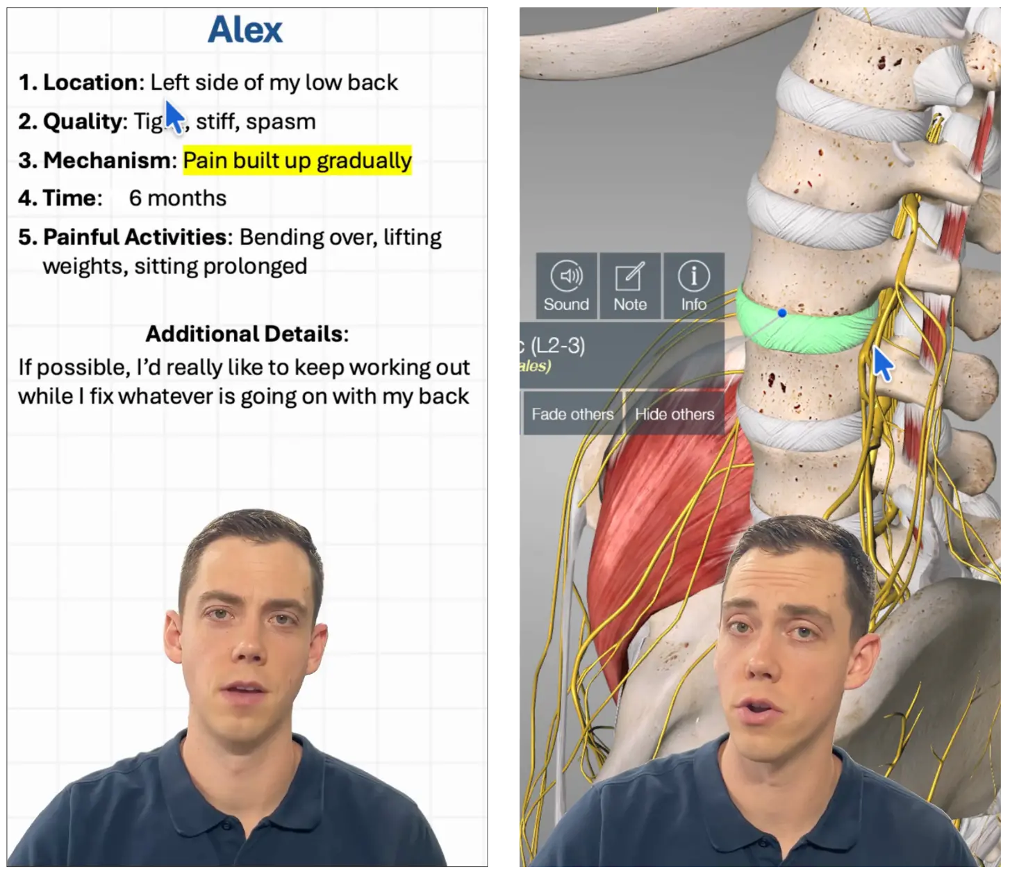 Screenshots showing the video patients will receive which explains if the likely cause of their back pain and what treatment will include.
