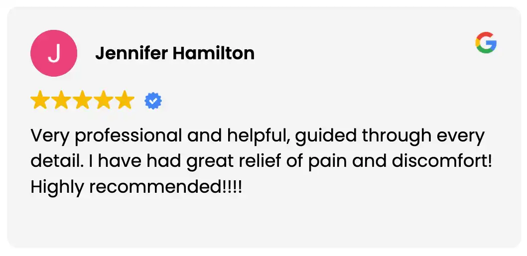 5-star Google review from Jennifer Hamilton: great relief of radiating low back pain with Lumbar Performance Institute physical therapy, highly recommended.