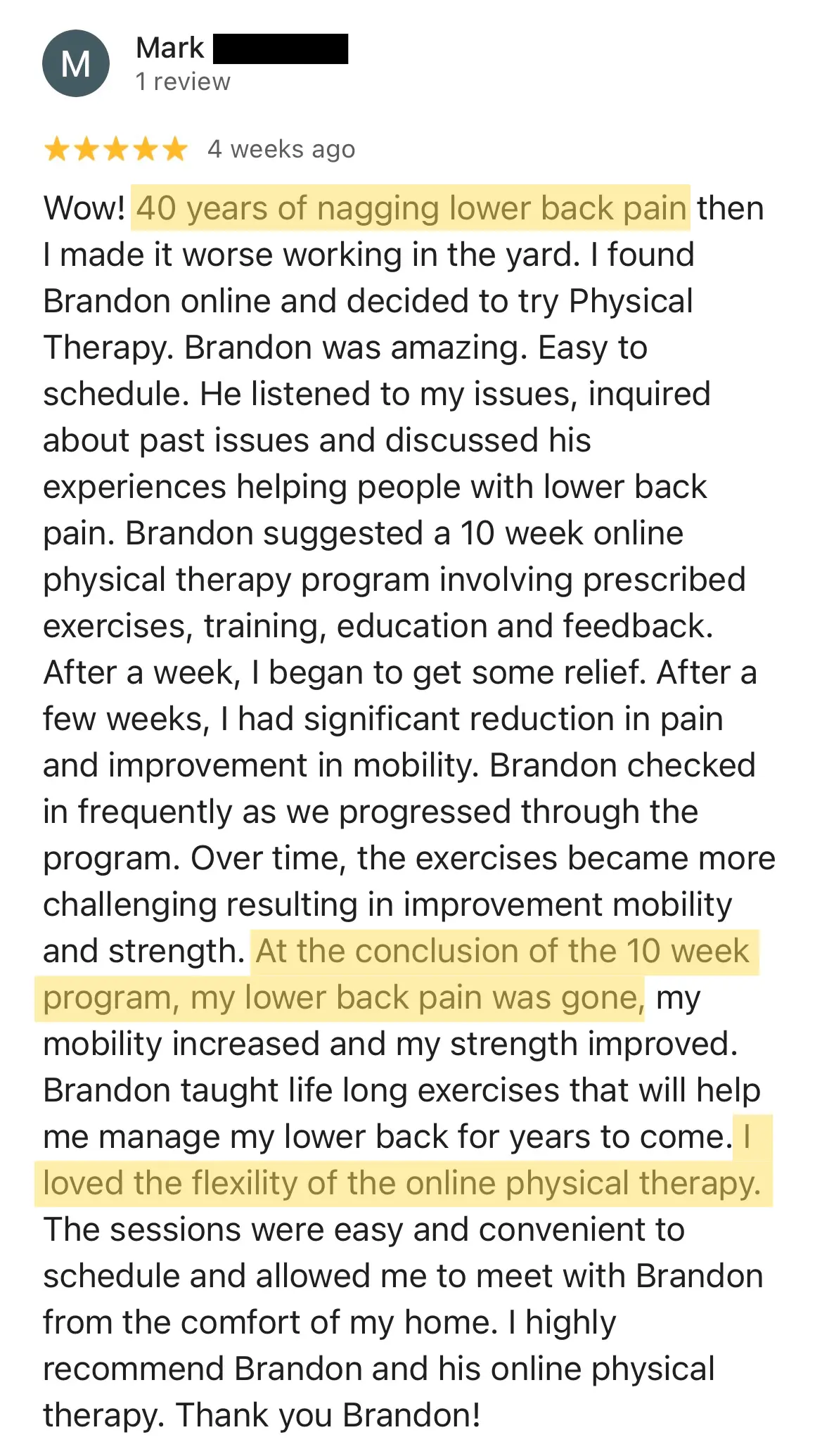 Mark Google Review Mobile version: 5-star Google review for Dr. Brandon Launstein, DPT, founder of the Lumbar Performance Institute. 40 year history of pain. Experienced relief within 1 week and full pain resolution within 10 weeks.